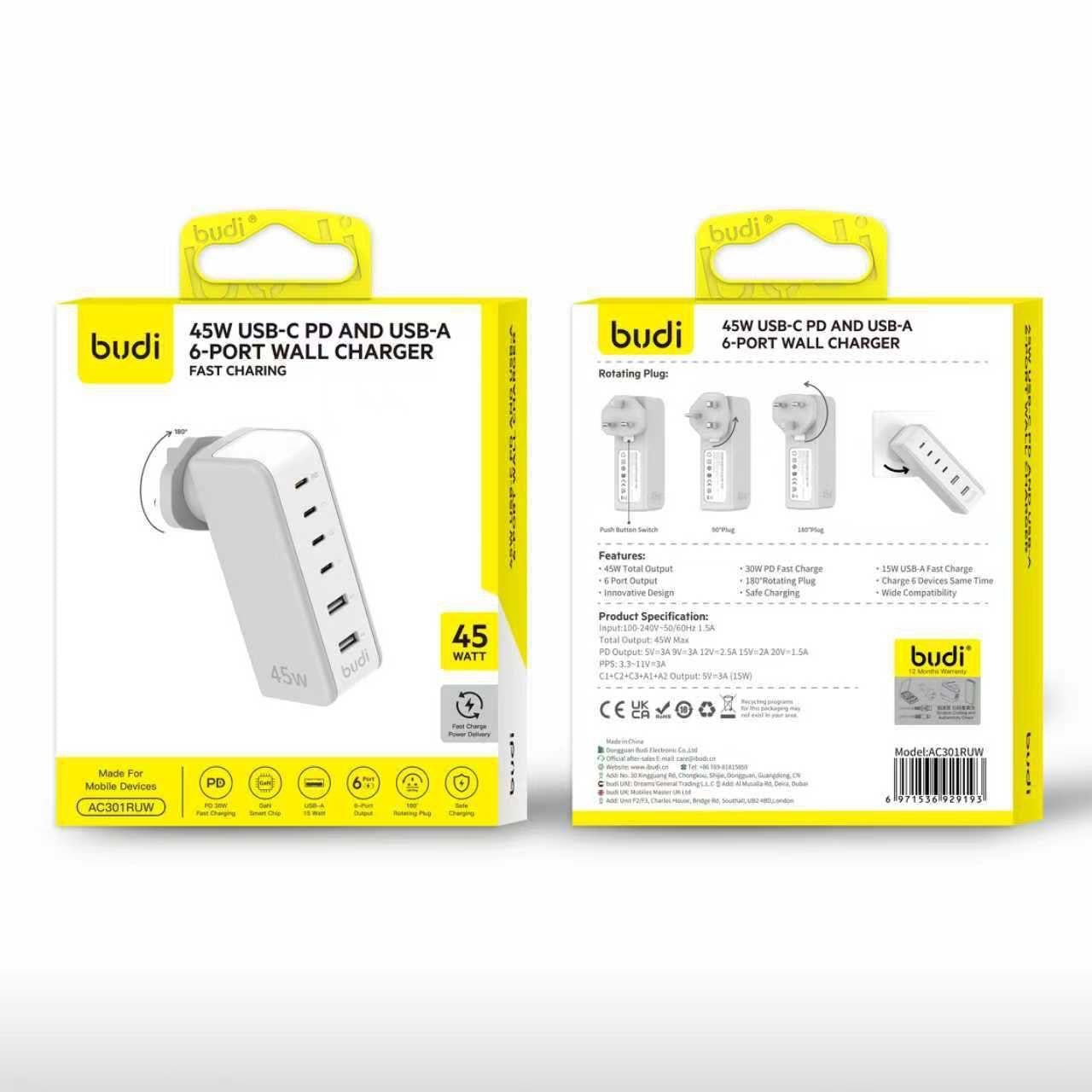 USB C/USB 6PORT WALL CHARGER - BUDI