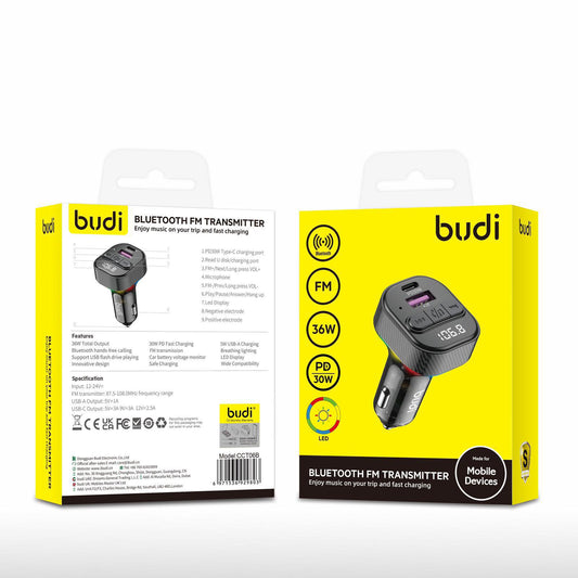 CAR CHARGER BLUETOOTH FM TRANSMITTER - BUDI (USB AND TYPE C INPUT)