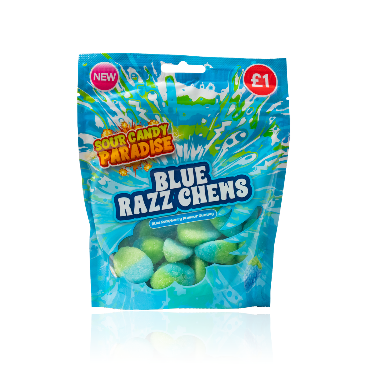 SOUR BLUE RAZZ CHEWS GUMMY PMP £1 (10x130g) (HALAL) - CANDY PARADISE